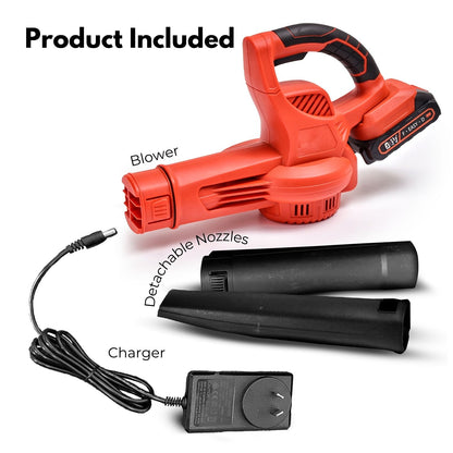 A RYNOMATE 21V Cordless Leaf Blower with Lithium Battery and Charger Kit (Red and Black) RNM-LB-100-RTT is placed on a white background. The device features a long, narrow nozzle and includes a detachable lithium battery pack positioned next to it.