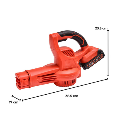 A RYNOMATE 21V Cordless Leaf Blower with Lithium Battery and Charger Kit (Red and Black) RNM-LB-100-RTT is placed on a white background. The device features a long, narrow nozzle and includes a detachable lithium battery pack positioned next to it.