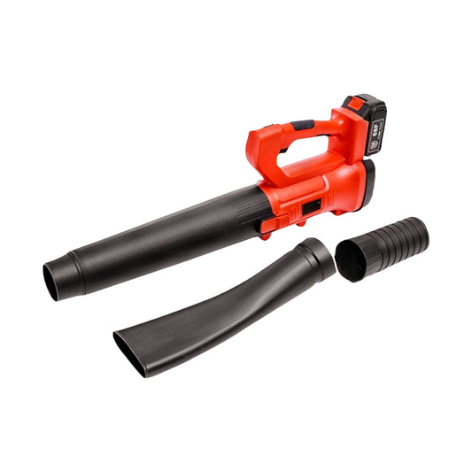 A red and black RYNOMATE 18V Cordless Leaf Blower with Lithium Battery and Charger Kit (Red and Black) RNM-LB-101-RTT is shown against a white background. The blower, featuring an ergonomic handle and an attached rechargeable lithium battery on top, boasts a 6-speed blowing capacity. One nozzle is flat and wide, while the other is round and tapered.