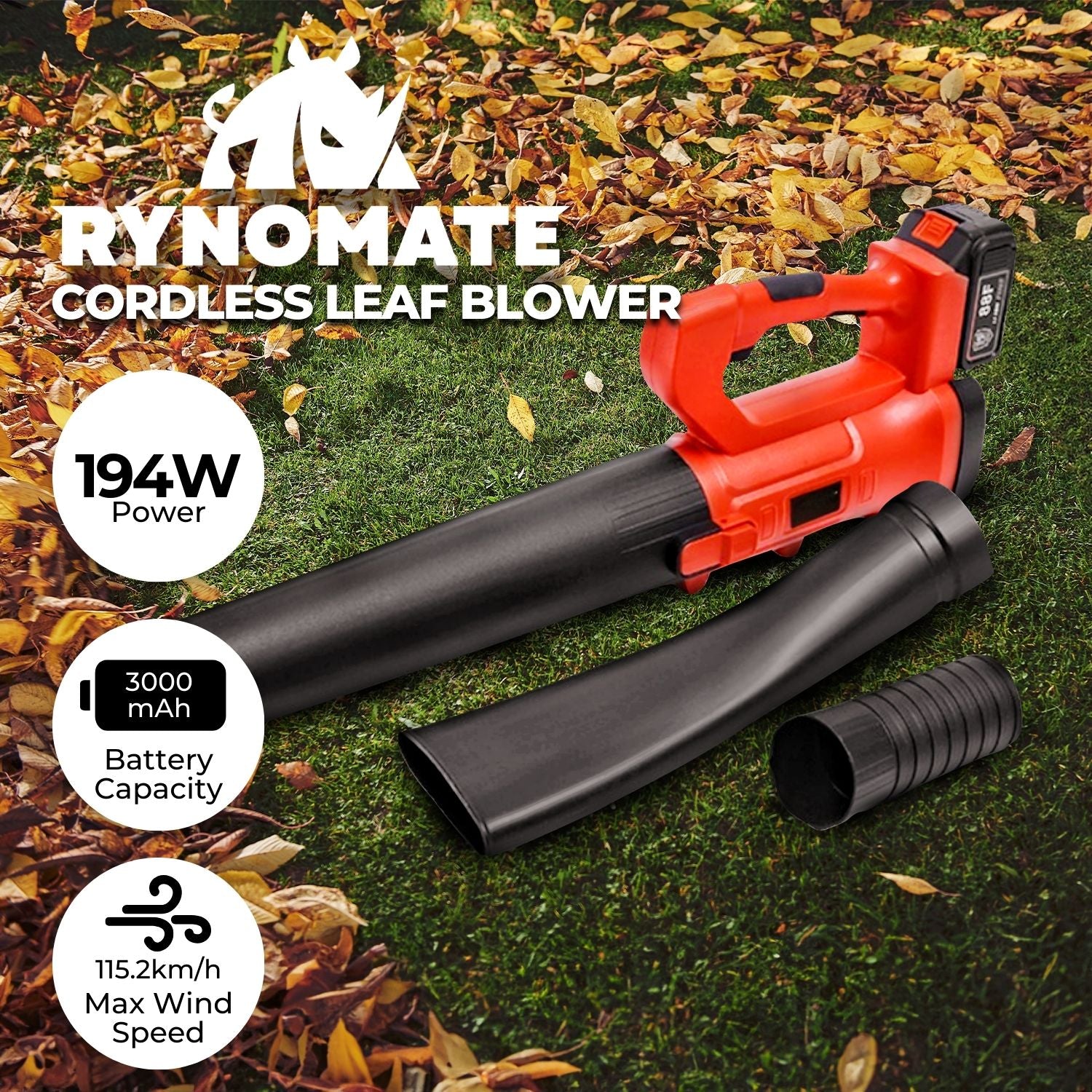 A red and black RYNOMATE 18V Cordless Leaf Blower with Lithium Battery and Charger Kit (Red and Black) RNM-LB-101-RTT is shown against a white background. The blower, featuring an ergonomic handle and an attached rechargeable lithium battery on top, boasts a 6-speed blowing capacity. One nozzle is flat and wide, while the other is round and tapered.