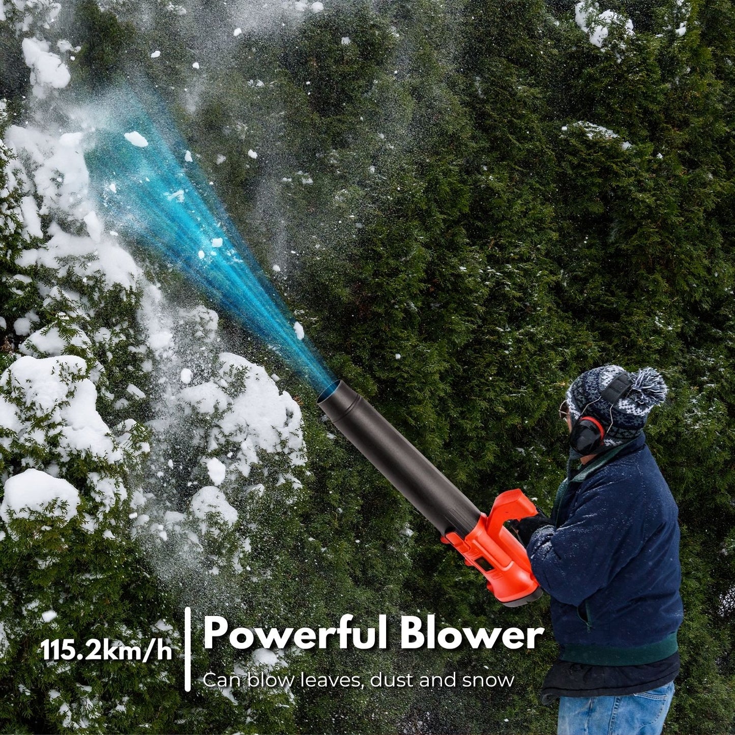 A red and black RYNOMATE 18V Cordless Leaf Blower with Lithium Battery and Charger Kit (Red and Black) RNM-LB-101-RTT is shown against a white background. The blower, featuring an ergonomic handle and an attached rechargeable lithium battery on top, boasts a 6-speed blowing capacity. One nozzle is flat and wide, while the other is round and tapered.