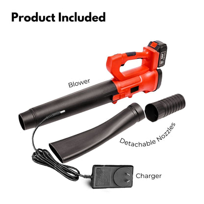 A red and black RYNOMATE 18V Cordless Leaf Blower with Lithium Battery and Charger Kit (Red and Black) RNM-LB-101-RTT is shown against a white background. The blower, featuring an ergonomic handle and an attached rechargeable lithium battery on top, boasts a 6-speed blowing capacity. One nozzle is flat and wide, while the other is round and tapered.