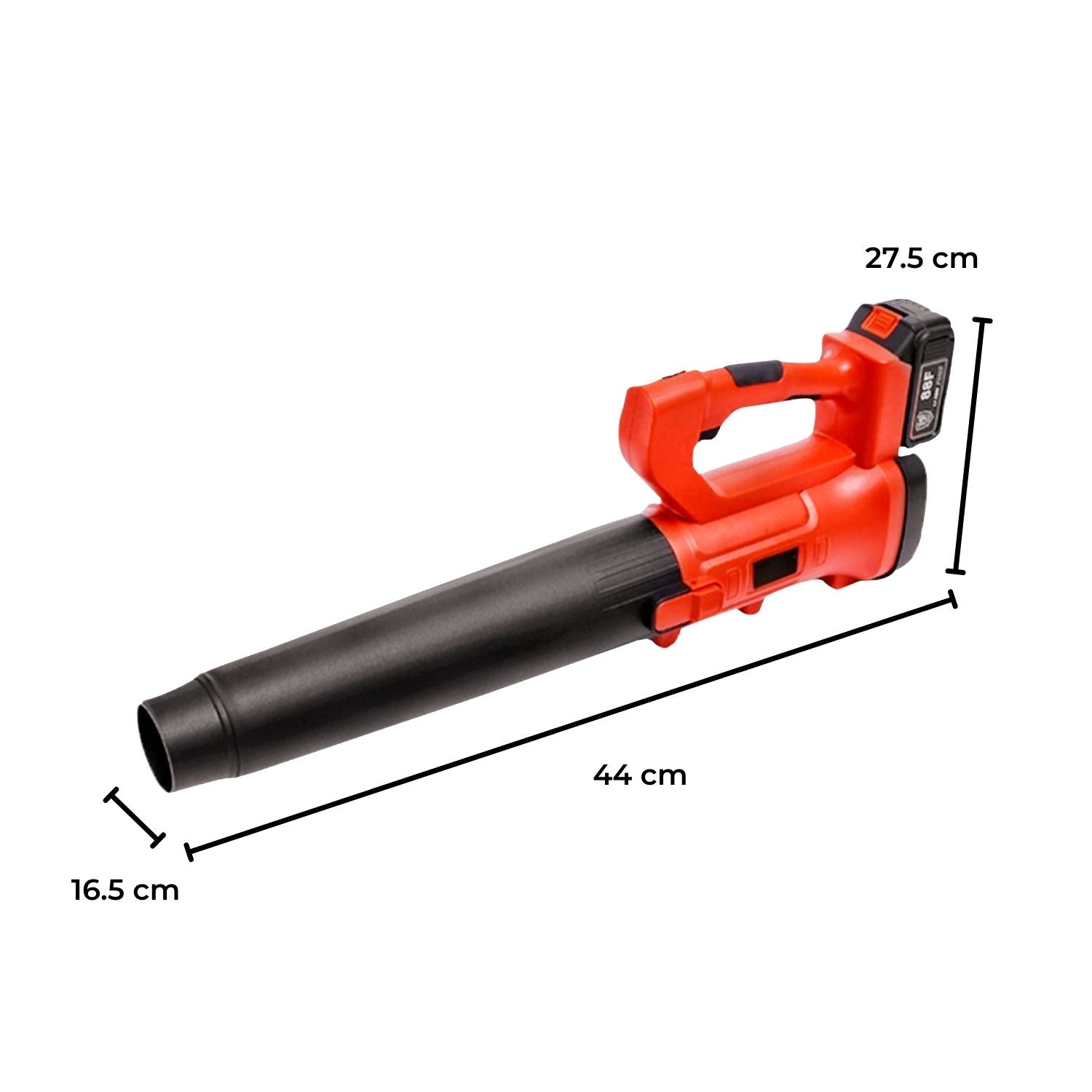 A red and black RYNOMATE 18V Cordless Leaf Blower with Lithium Battery and Charger Kit (Red and Black) RNM-LB-101-RTT is shown against a white background. The blower, featuring an ergonomic handle and an attached rechargeable lithium battery on top, boasts a 6-speed blowing capacity. One nozzle is flat and wide, while the other is round and tapered.