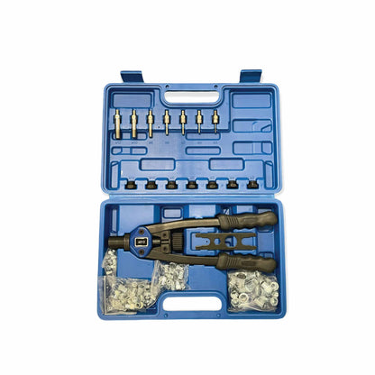 A blue plastic carrying case containing a 110 Pcs Riverter Nutsert Tool Set 13" Hand Gun Rivet Nut Rivnut M3-M12 Mandrel. The set includes the rivet nut tool with black handles, multiple interchangeable mandrels, and assorted rivet nuts, all neatly organized in separate compartments. The advanced material case is open and shown from above.