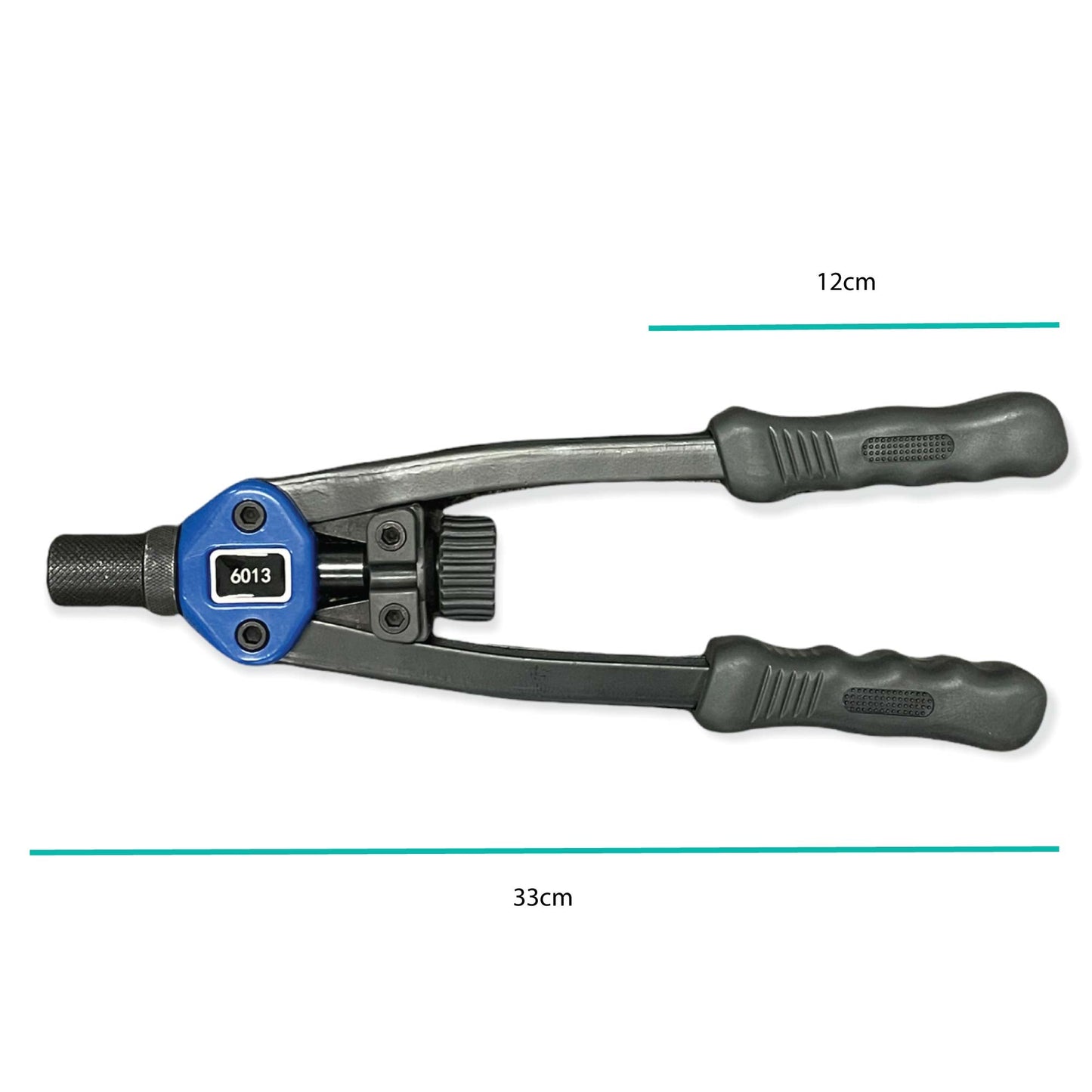 A blue plastic carrying case containing a 110 Pcs Riverter Nutsert Tool Set 13" Hand Gun Rivet Nut Rivnut M3-M12 Mandrel. The set includes the rivet nut tool with black handles, multiple interchangeable mandrels, and assorted rivet nuts, all neatly organized in separate compartments. The advanced material case is open and shown from above.