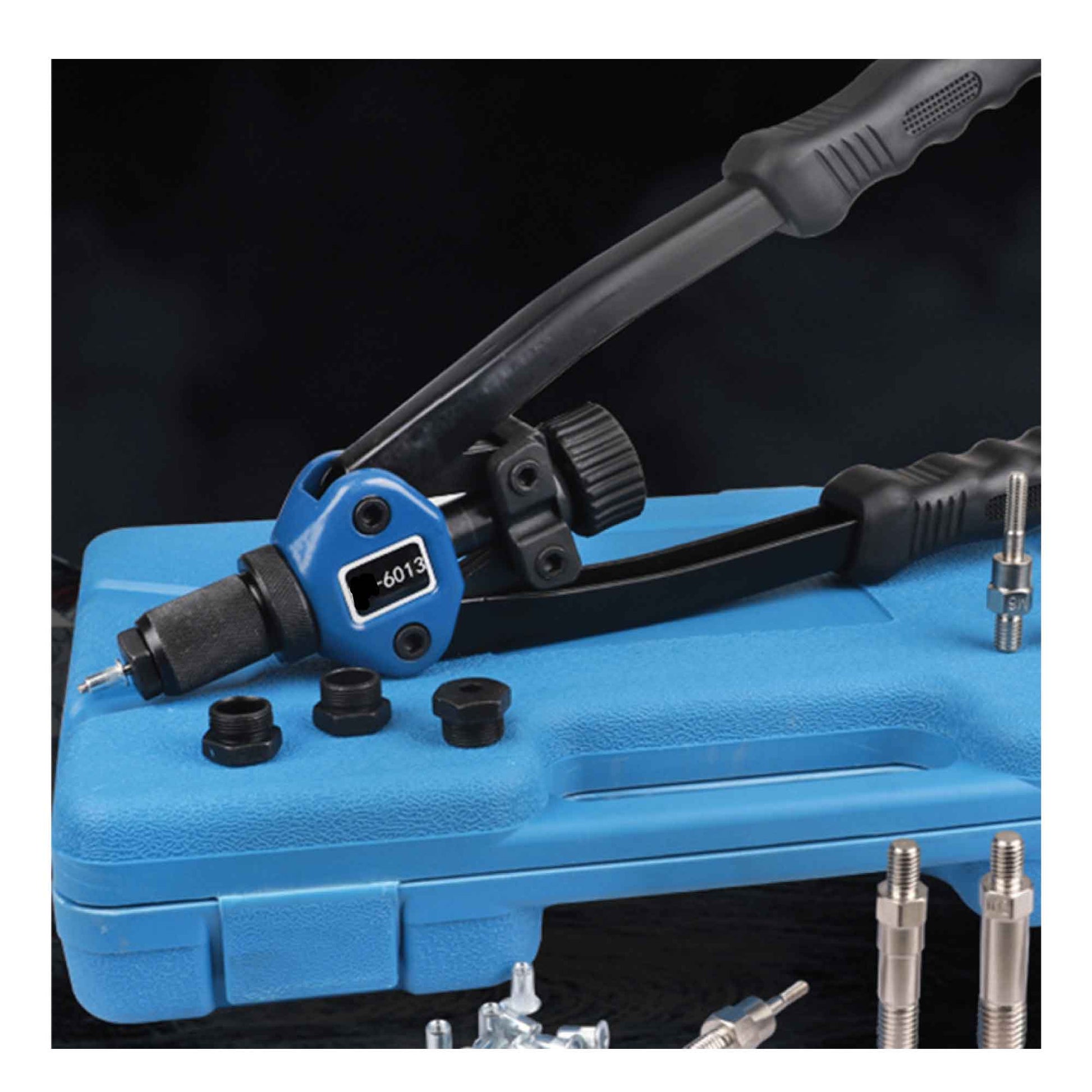 A blue plastic carrying case containing a 110 Pcs Riverter Nutsert Tool Set 13" Hand Gun Rivet Nut Rivnut M3-M12 Mandrel. The set includes the rivet nut tool with black handles, multiple interchangeable mandrels, and assorted rivet nuts, all neatly organized in separate compartments. The advanced material case is open and shown from above.