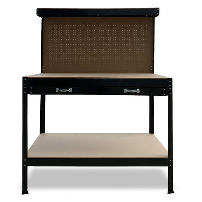 A Kartrite 2-layered Steel Work Bench Garage Storage Table Tool Shop Shelf Pegboard Drawer with a sturdy steel frame, two shelves, and a perforated pegboard back panel. The bench includes a drawer with two handles just below the main work surface. The bottom shelf offers additional tool storage space, making the overall design both functional and durable.