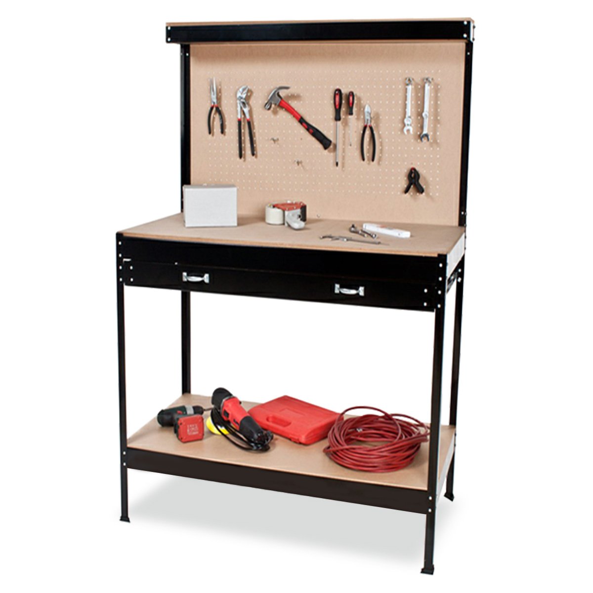 A Kartrite 2-layered Steel Work Bench Garage Storage Table Tool Shop Shelf Pegboard Drawer with a sturdy steel frame, two shelves, and a perforated pegboard back panel. The bench includes a drawer with two handles just below the main work surface. The bottom shelf offers additional tool storage space, making the overall design both functional and durable.