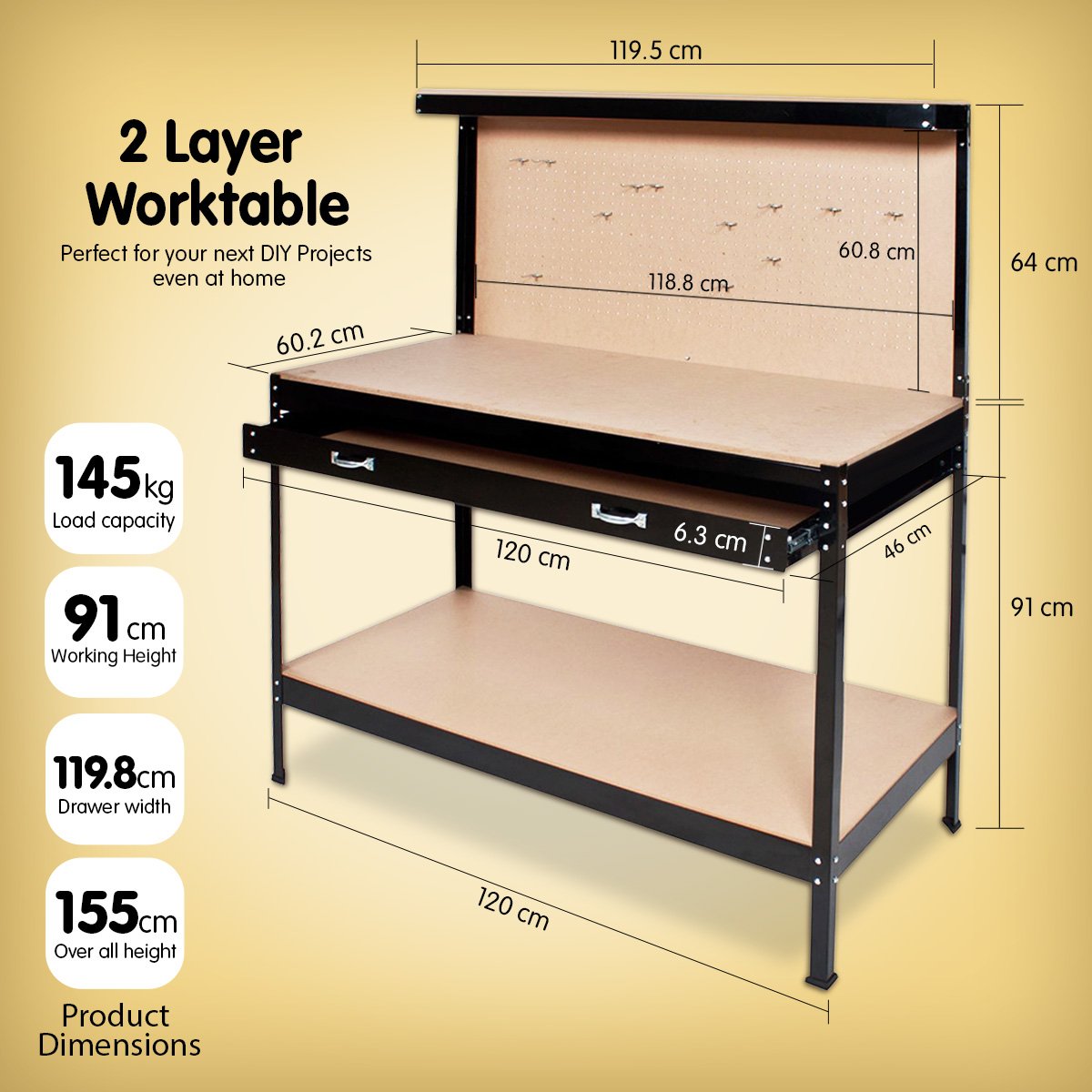 Kartrite 2-layered Steel Work Bench Garage Storage Table Tool Shop Shelf Pegboard Drawer