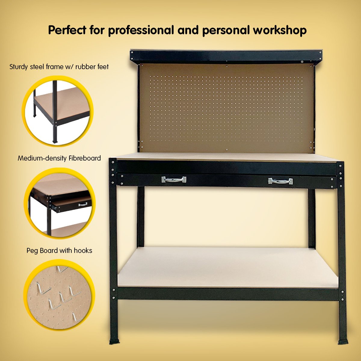 Kartrite 2-layered Steel Work Bench Garage Storage Table Tool Shop Shelf Pegboard Drawer