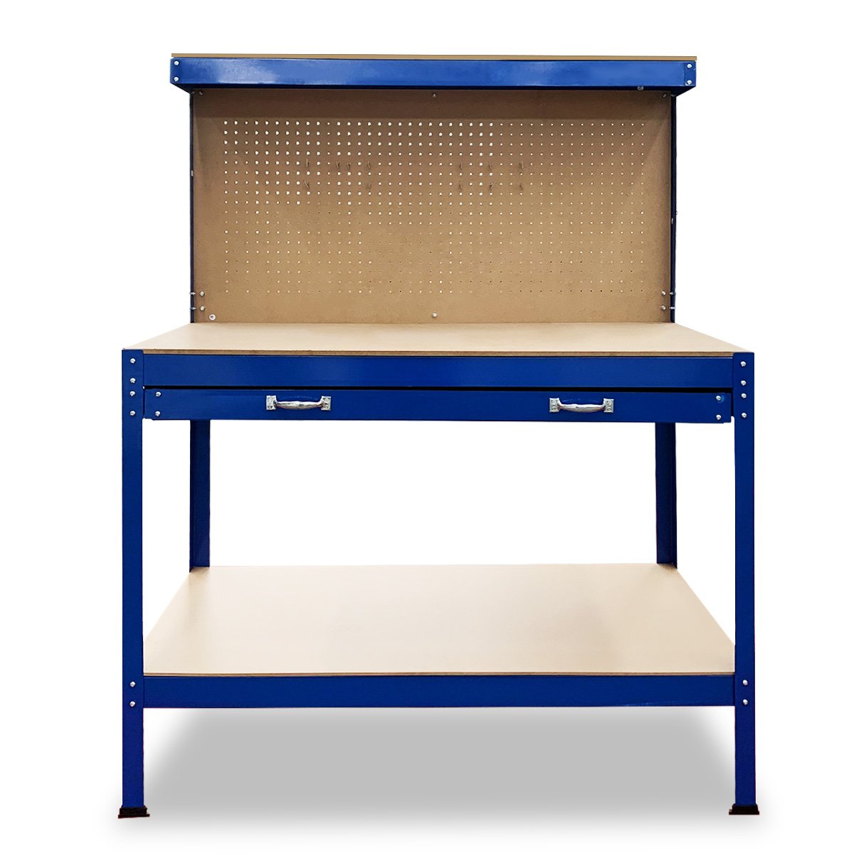 The Kartrite 2-layered Steel Work Bench Garage Storage Table Tool Shop Shelf Pegboard Drawer features a blue metal workbench with a wooden tabletop and a perforated pegboard backing. It includes a drawer beneath the tabletop and a lower shelf for extra tool storage. The pegboard has a partial wooden panel above the tabletop, making it suitable for use in any workshop or garage.