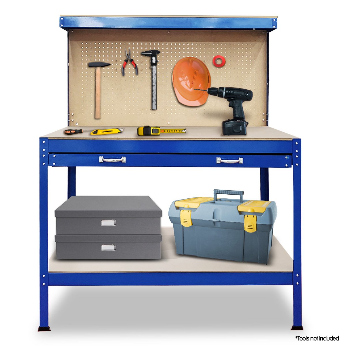 The Kartrite 2-layered Steel Work Bench Garage Storage Table Tool Shop Shelf Pegboard Drawer features a blue metal workbench with a wooden tabletop and a perforated pegboard backing. It includes a drawer beneath the tabletop and a lower shelf for extra tool storage. The pegboard has a partial wooden panel above the tabletop, making it suitable for use in any workshop or garage.