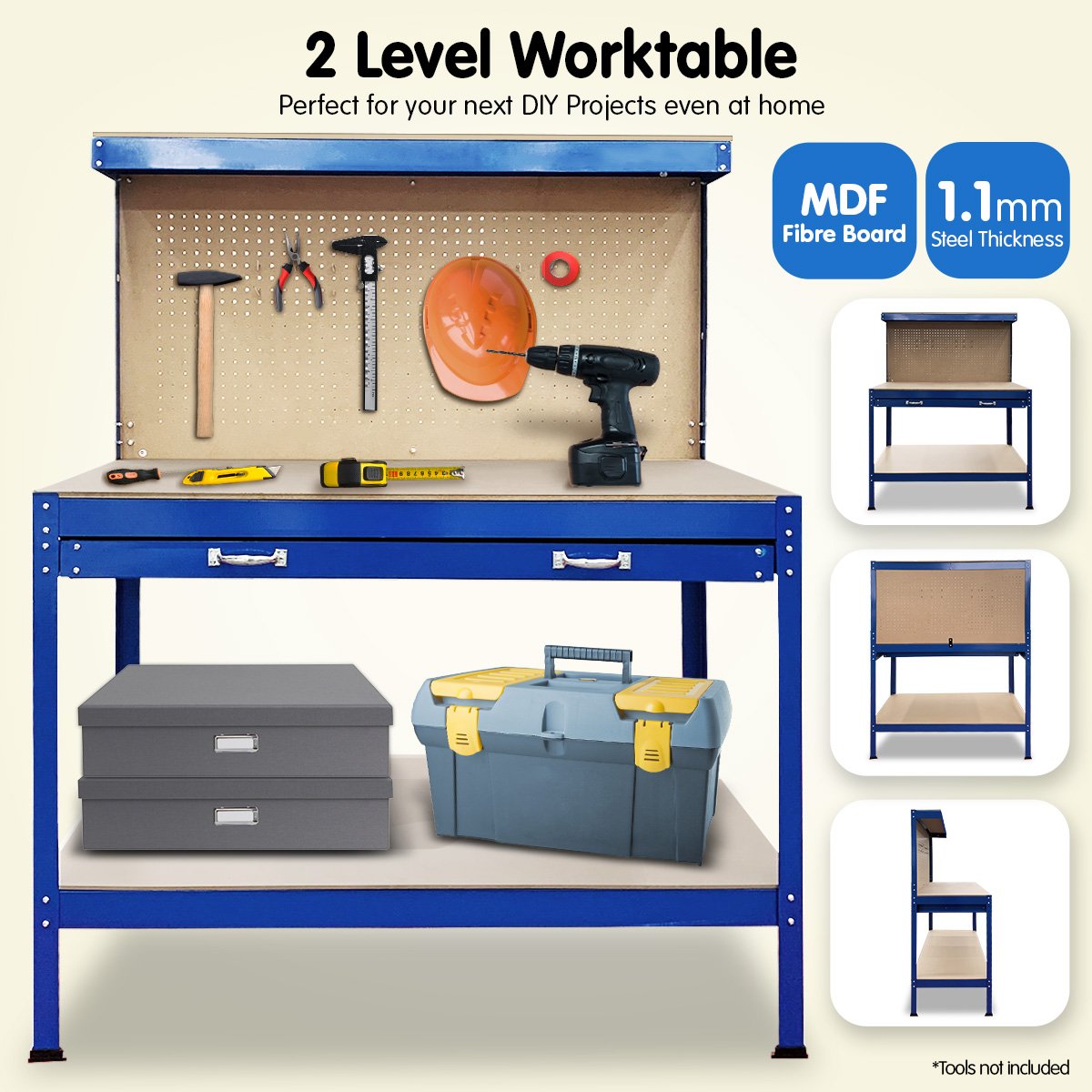 The Kartrite 2-layered Steel Work Bench Garage Storage Table Tool Shop Shelf Pegboard Drawer features a blue metal workbench with a wooden tabletop and a perforated pegboard backing. It includes a drawer beneath the tabletop and a lower shelf for extra tool storage. The pegboard has a partial wooden panel above the tabletop, making it suitable for use in any workshop or garage.