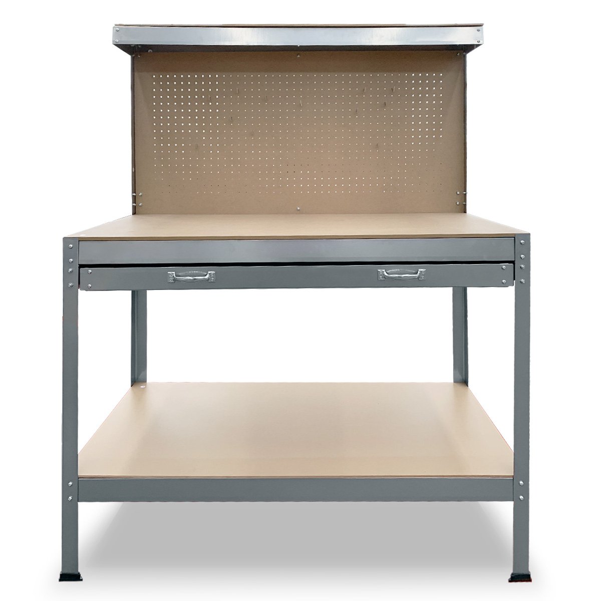 A sturdy Kartrite 2-layered Work Bench Garage Storage Table Tool Shop Shelf Silver with a durable MDF construction and metal frame, featuring a pegboard back for organized tool storage, a spacious tabletop, a drawer with handles, and a lower shelf for additional storage.