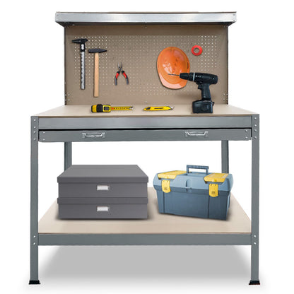 A sturdy Kartrite 2-layered Work Bench Garage Storage Table Tool Shop Shelf Silver with a durable MDF construction and metal frame, featuring a pegboard back for organized tool storage, a spacious tabletop, a drawer with handles, and a lower shelf for additional storage.