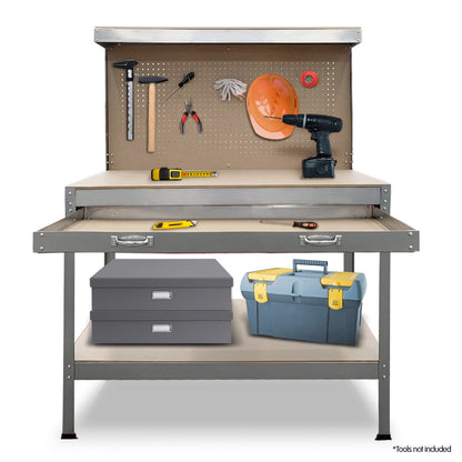 A sturdy Kartrite 2-layered Work Bench Garage Storage Table Tool Shop Shelf Silver with a durable MDF construction and metal frame, featuring a pegboard back for organized tool storage, a spacious tabletop, a drawer with handles, and a lower shelf for additional storage.