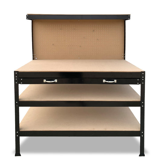 A black metal Kartrite 3-layered Work Bench Garage Storage Table Tool Shop Shelf with a sturdy steel frame features two lower shelves, a large flat work surface, and a pegboard back for efficient tool storage. The shelves and surface boast a wood-like appearance, and there is a small drawer with silver handles beneath the work surface.