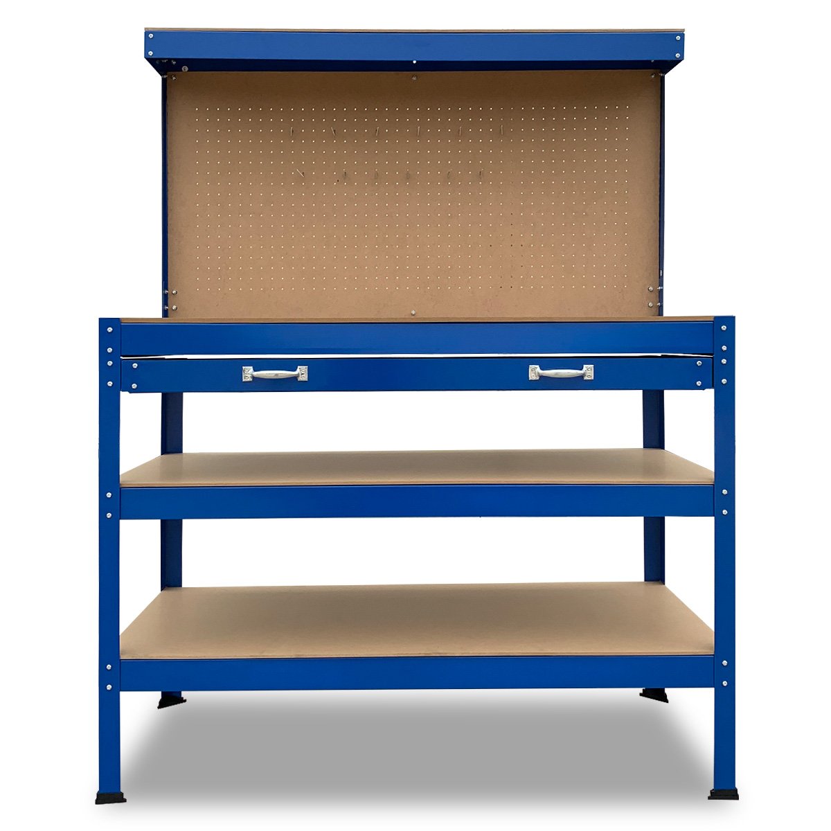 Kartrite 3-layered Work Bench Garage Storage Table Tool Shop Shelf with a steel frame, featuring a pegboard back, two lower shelves, and a drawer with silver handles. The pegboard is plain and ready for tool organization, while the spacious shelves offer ample tool storage for use in workshops or garages.