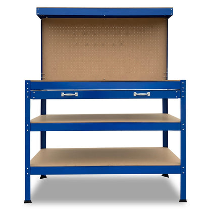 Kartrite 3-layered Work Bench Garage Storage Table Tool Shop Shelf with a steel frame, featuring a pegboard back, two lower shelves, and a drawer with silver handles. The pegboard is plain and ready for tool organization, while the spacious shelves offer ample tool storage for use in workshops or garages.