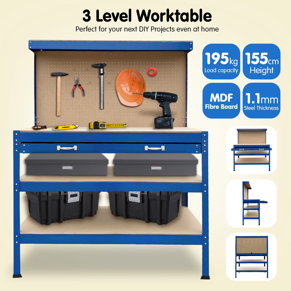 Kartrite 3-layered Work Bench Garage Storage Table Tool Shop Shelf with a steel frame, featuring a pegboard back, two lower shelves, and a drawer with silver handles. The pegboard is plain and ready for tool organization, while the spacious shelves offer ample tool storage for use in workshops or garages.