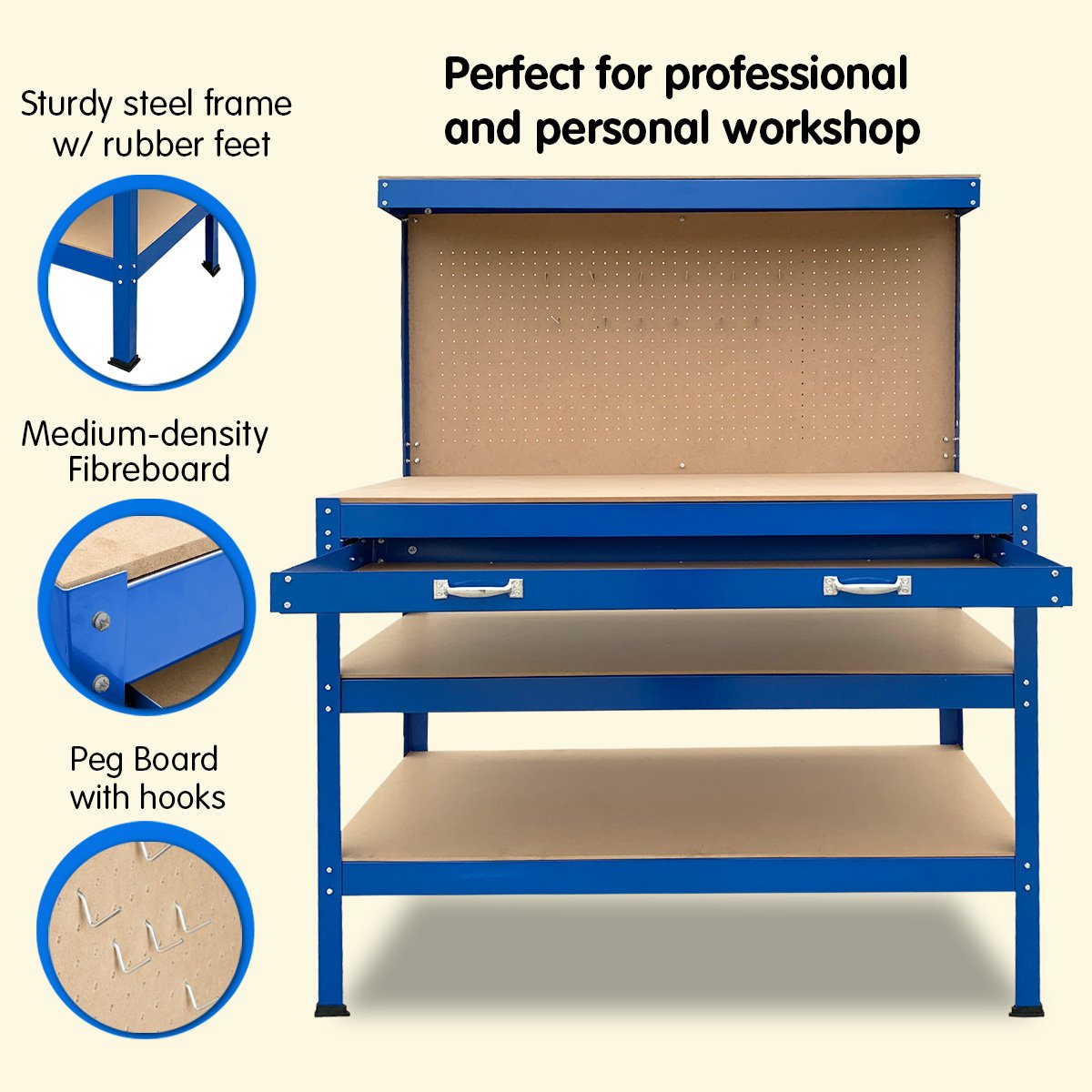 Kartrite 3-layered Work Bench Garage Storage Table Tool Shop Shelf with a steel frame, featuring a pegboard back, two lower shelves, and a drawer with silver handles. The pegboard is plain and ready for tool organization, while the spacious shelves offer ample tool storage for use in workshops or garages.