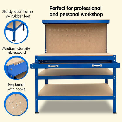 Kartrite 3-layered Work Bench Garage Storage Table Tool Shop Shelf with a steel frame, featuring a pegboard back, two lower shelves, and a drawer with silver handles. The pegboard is plain and ready for tool organization, while the spacious shelves offer ample tool storage for use in workshops or garages.