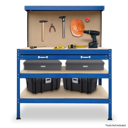 Kartrite 3-layered Work Bench Garage Storage Table Tool Shop Shelf with a steel frame, featuring a pegboard back, two lower shelves, and a drawer with silver handles. The pegboard is plain and ready for tool organization, while the spacious shelves offer ample tool storage for use in workshops or garages.