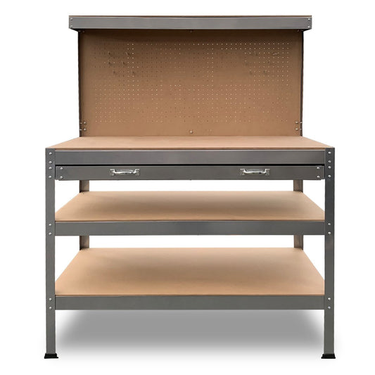 A Kartrite 3-layered Work Bench Garage Storage Table Tool Shop Shelf Silver with a sturdy steel frame, two wooden shelves, and a pegboard back panel. The bench features a drawer with two metal handles under the main work surface. This well-designed structure is perfect for tool storage and performing various tasks efficiently.