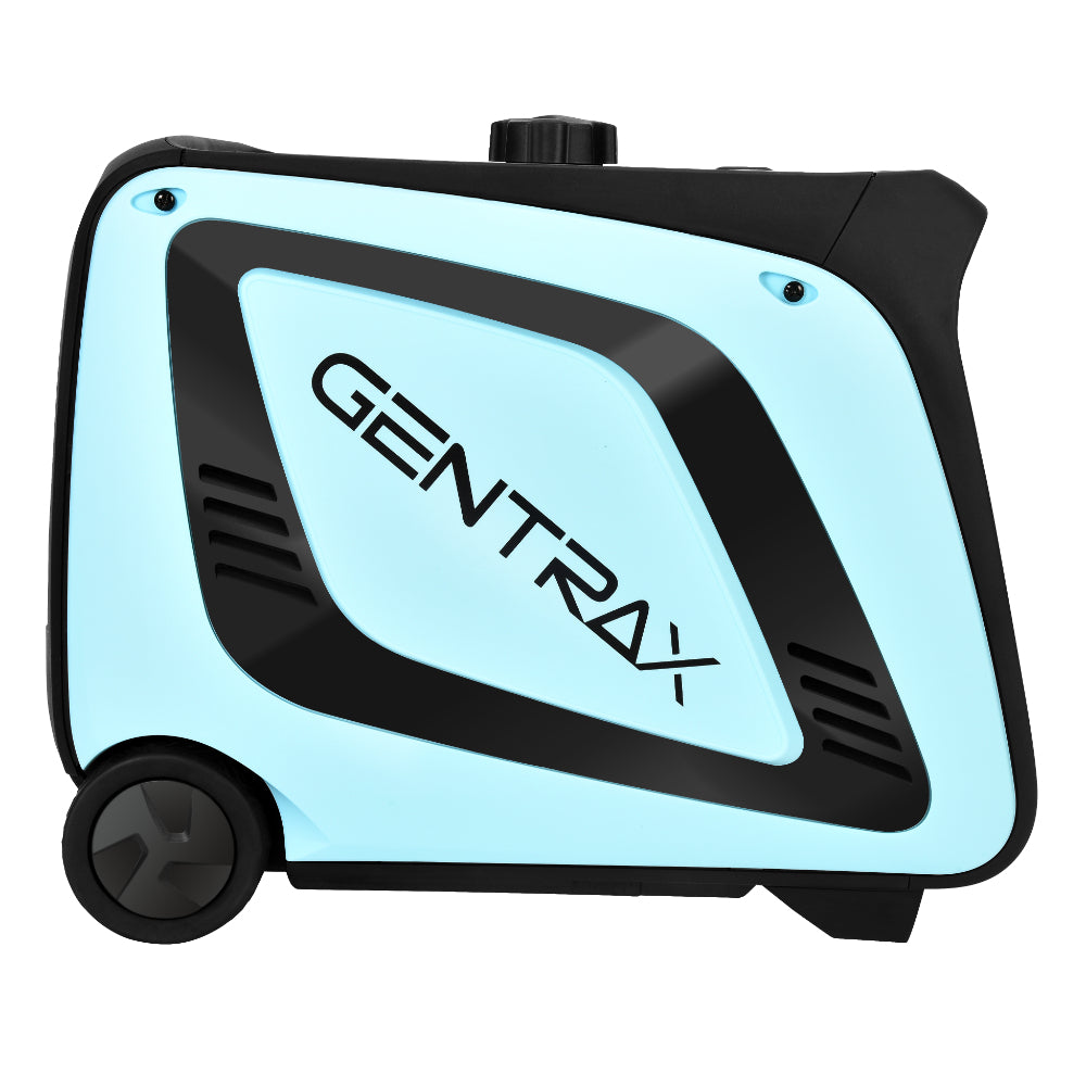 A blue and black portable Gentrax 4200w Pure Sine Wave Inverter Generator with multiple control knobs and outlets on the front panel side. This 4.2kW generator is designed with a durable handle and wheels for easy mobility. The brand name "GENTRAX" is prominently displayed, offering Pure Sine Wave Output for reliable performance.