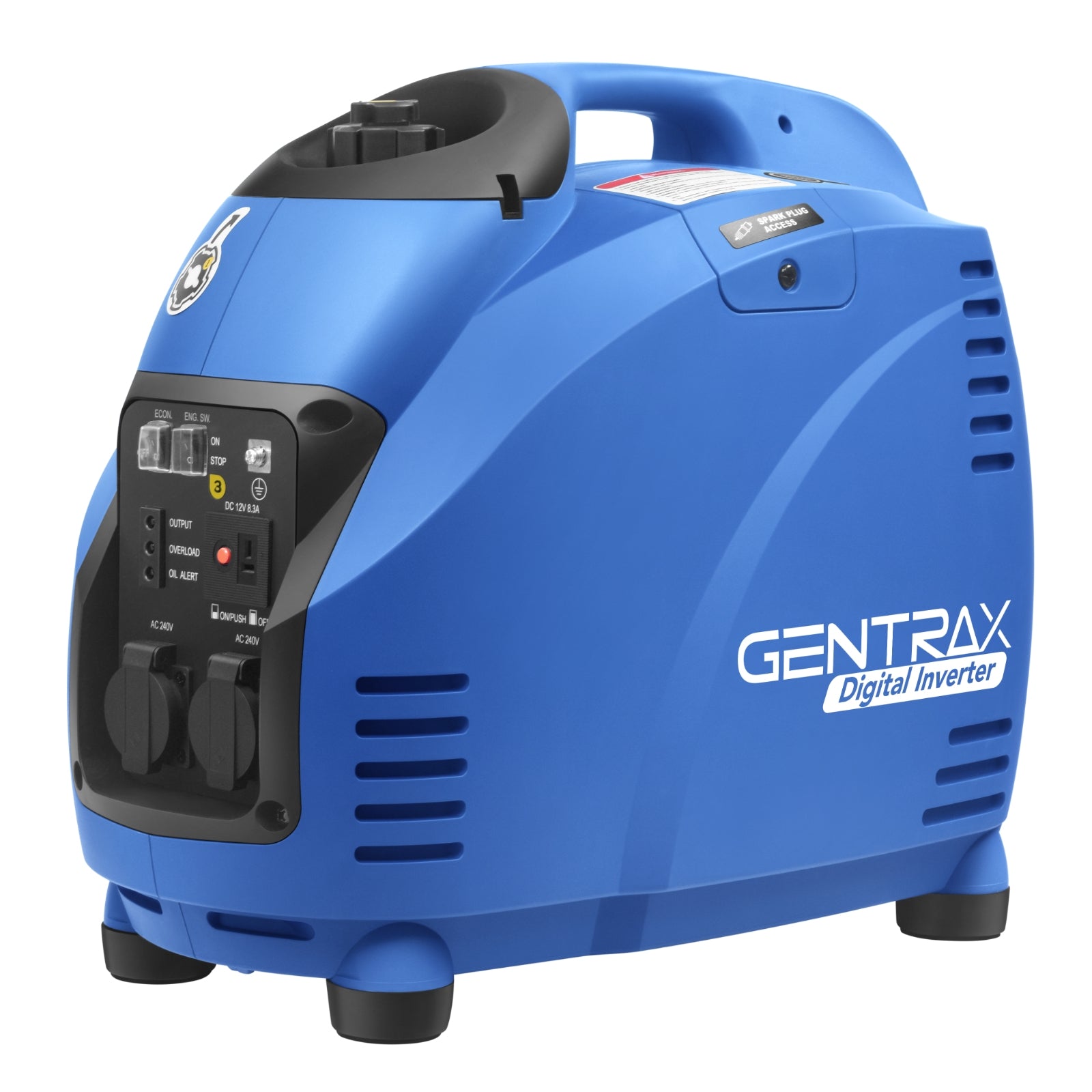 A blue, 2.5kW Gentrax 2500w Pure Sine Wave Inverter Generator with the brand name "GENTRAX Digital Inverter" printed on the side. It features various outlets and control switches on the front panel, delivering a pure sine wave output, and has a convenient carrying handle on the top.