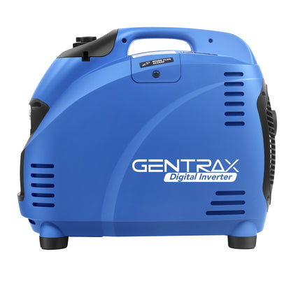 A blue, 2.5kW Gentrax 2500w Pure Sine Wave Inverter Generator with the brand name "GENTRAX Digital Inverter" printed on the side. It features various outlets and control switches on the front panel, delivering a pure sine wave output, and has a convenient carrying handle on the top.