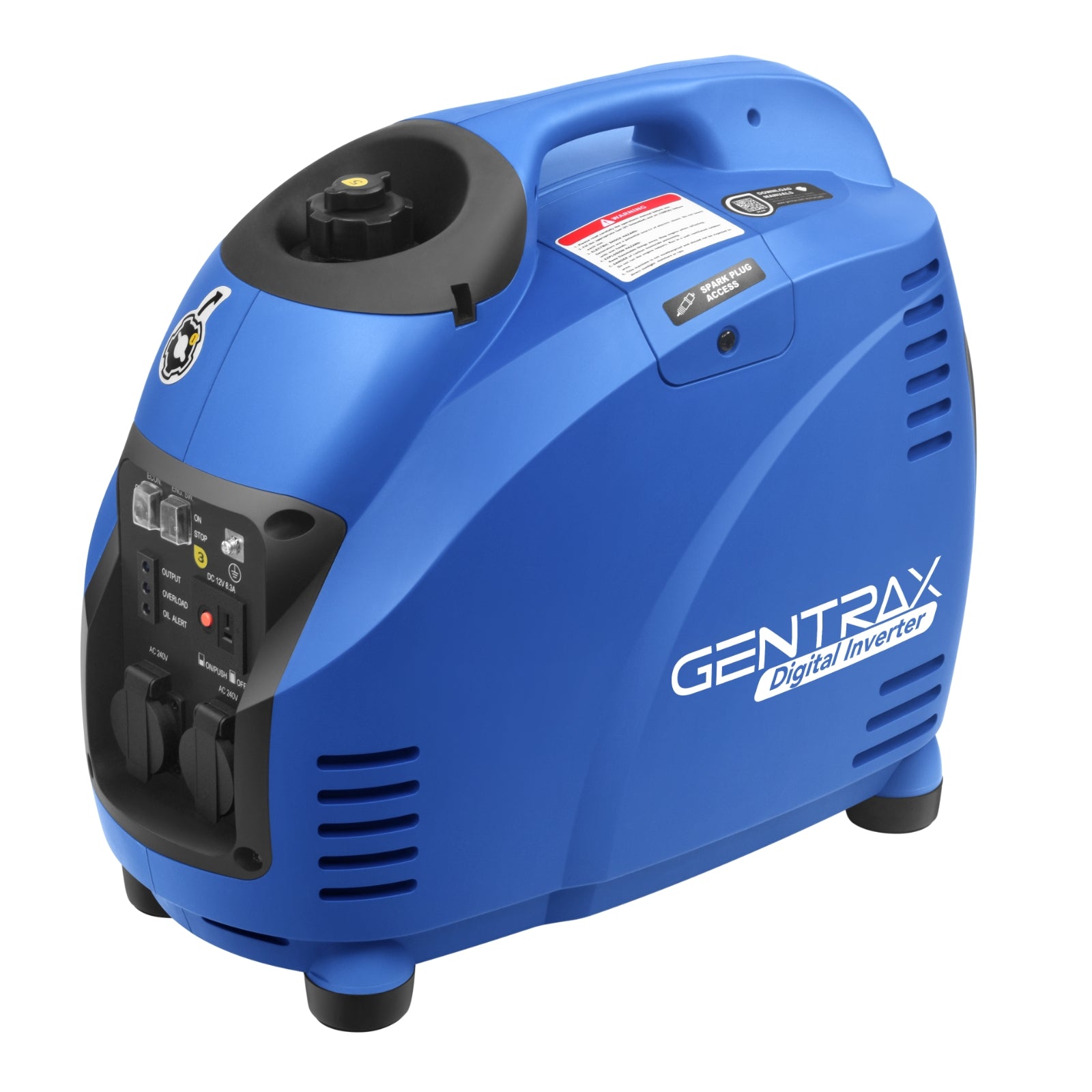 A blue, 2.5kW Gentrax 2500w Pure Sine Wave Inverter Generator with the brand name "GENTRAX Digital Inverter" printed on the side. It features various outlets and control switches on the front panel, delivering a pure sine wave output, and has a convenient carrying handle on the top.