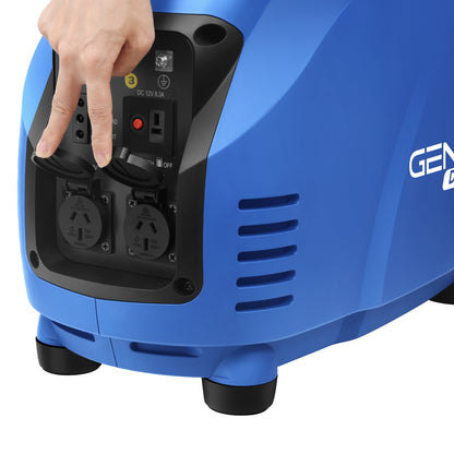 A blue, 2.5kW Gentrax 2500w Pure Sine Wave Inverter Generator with the brand name "GENTRAX Digital Inverter" printed on the side. It features various outlets and control switches on the front panel, delivering a pure sine wave output, and has a convenient carrying handle on the top.