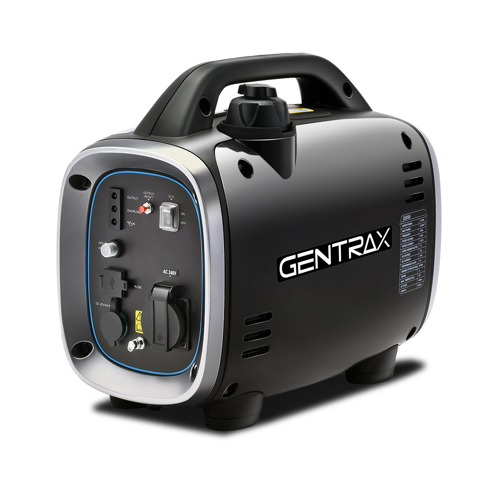 A compact, black portable Gentrax 800w Premium Pure Sine Wave Inverter Generator with a handle on top for easy carrying. The control panel features various switches, buttons, and ports. This 800W generator has air vents on the sides and a clear, streamlined design for efficient power generation.