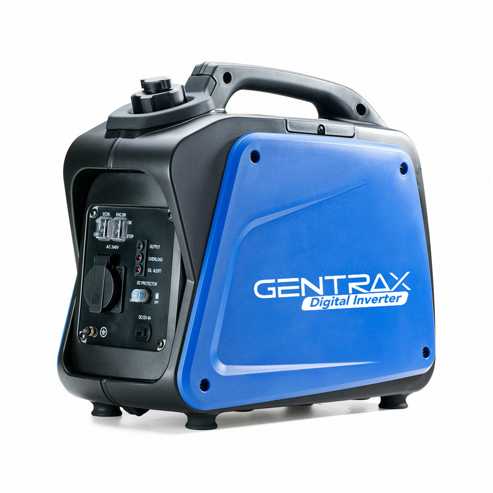 A blue Gentrax 1200w Pure Sine Wave Inverter Generator with a black handle and control panel. The quiet generator features various switches and indicators on the front panel. The device is compact and portable, producing Pure Sine Wave output for reliable electrical power during your adventures.