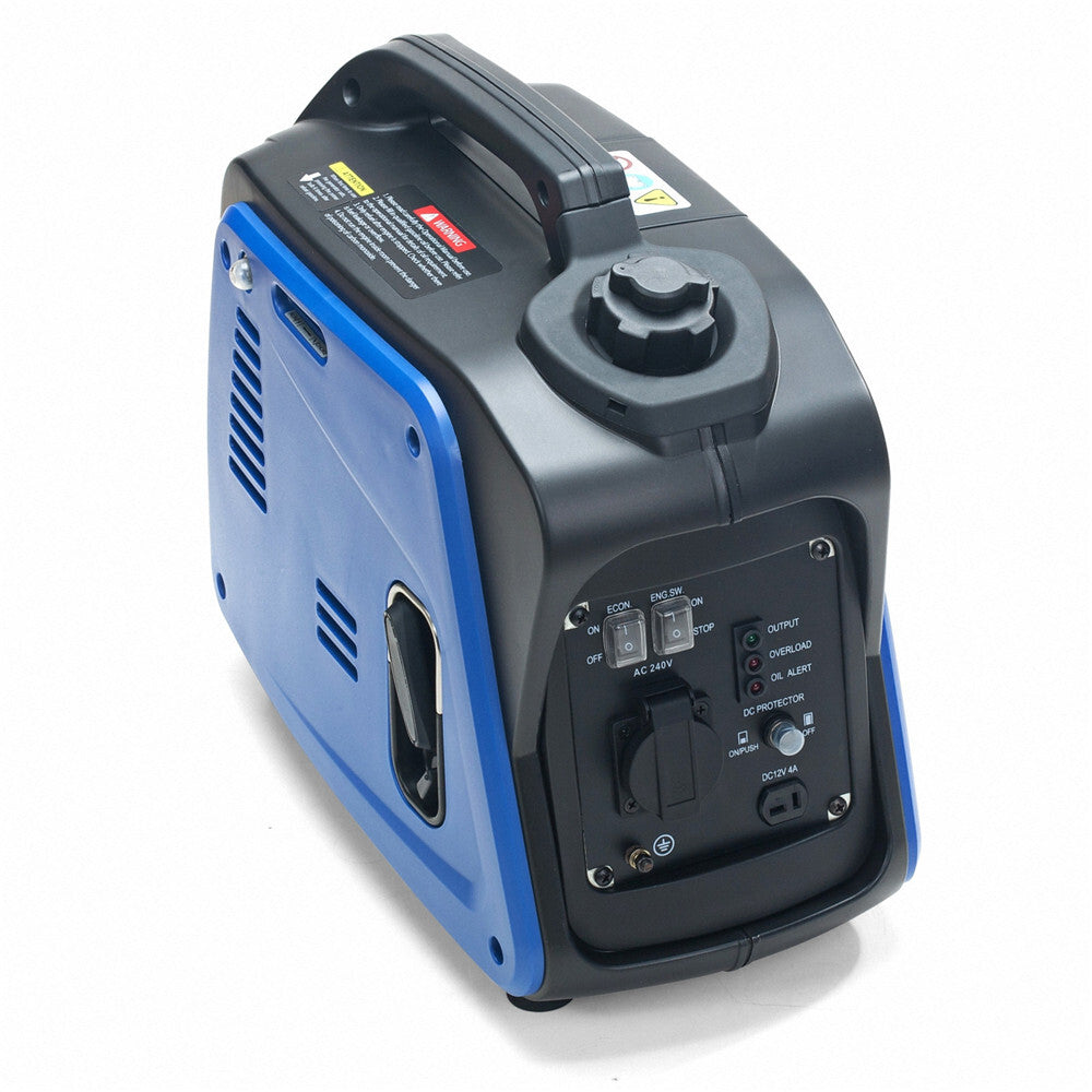 A blue Gentrax 1200w Pure Sine Wave Inverter Generator with a black handle and control panel. The quiet generator features various switches and indicators on the front panel. The device is compact and portable, producing Pure Sine Wave output for reliable electrical power during your adventures.