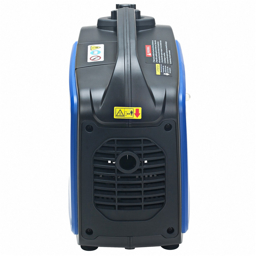 A blue Gentrax 1200w Pure Sine Wave Inverter Generator with a black handle and control panel. The quiet generator features various switches and indicators on the front panel. The device is compact and portable, producing Pure Sine Wave output for reliable electrical power during your adventures.