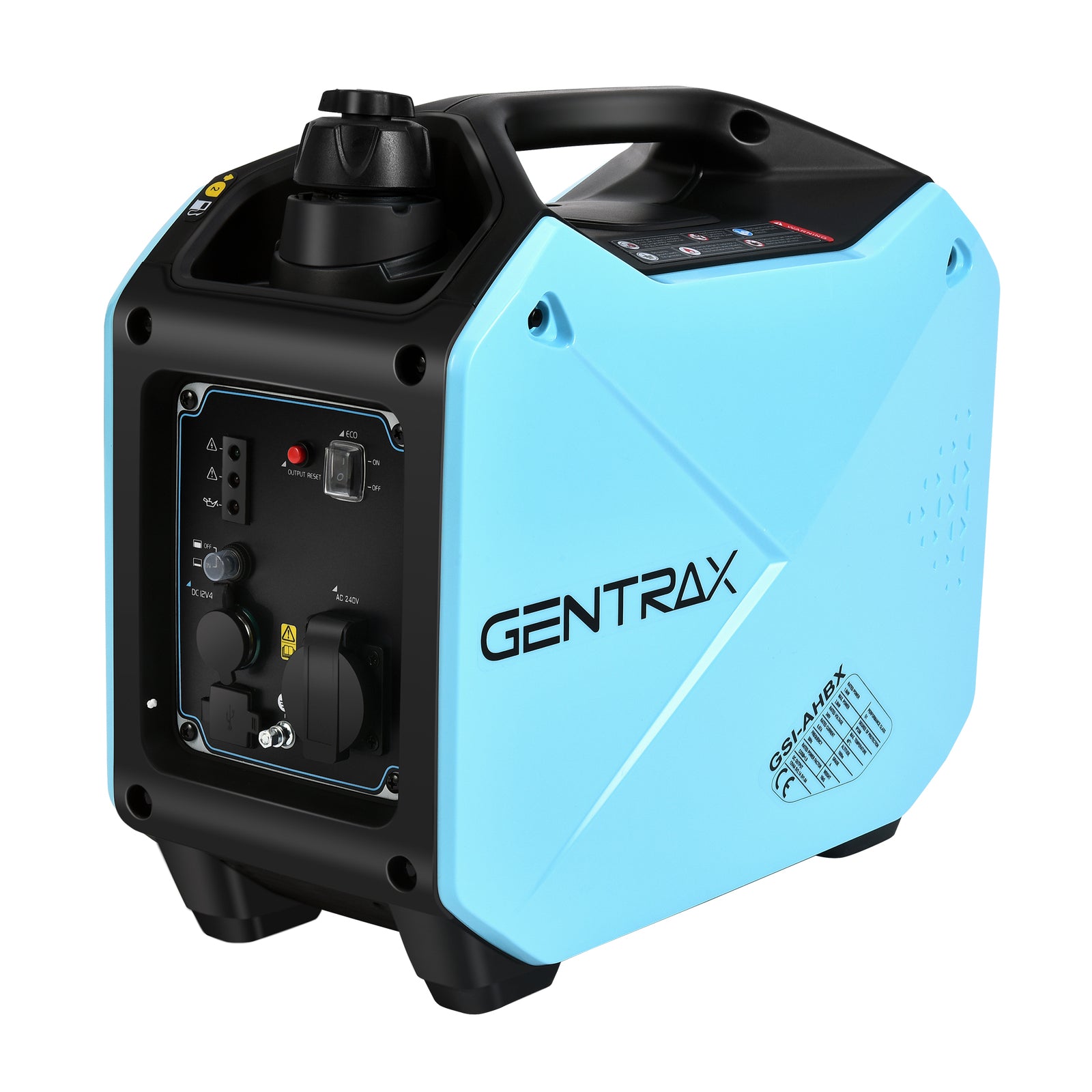 A blue Gentrax 2000w Pure Sine Wave Inverter Generator New 2022 Design with Pure Sine Wave output features a black handle and control panel on the side. The control panel includes various sockets, switches, and indicators. The unit has a compact, modern design suitable for easy transportation and outdoor use.