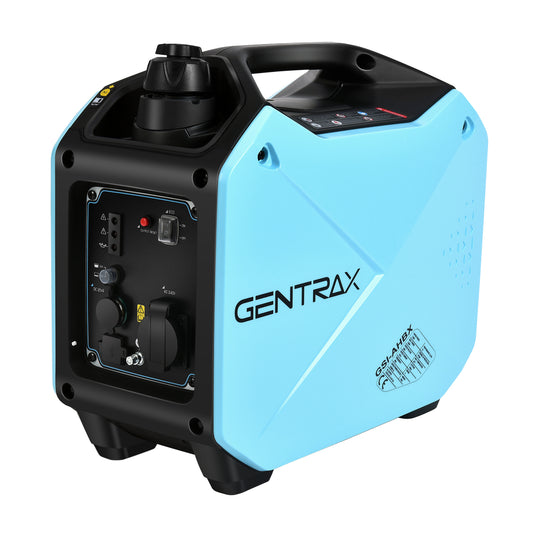 A blue Gentrax 2000w Pure Sine Wave Inverter Generator New 2022 Design with Pure Sine Wave output features a black handle and control panel on the side. The control panel includes various sockets, switches, and indicators. The unit has a compact, modern design suitable for easy transportation and outdoor use.