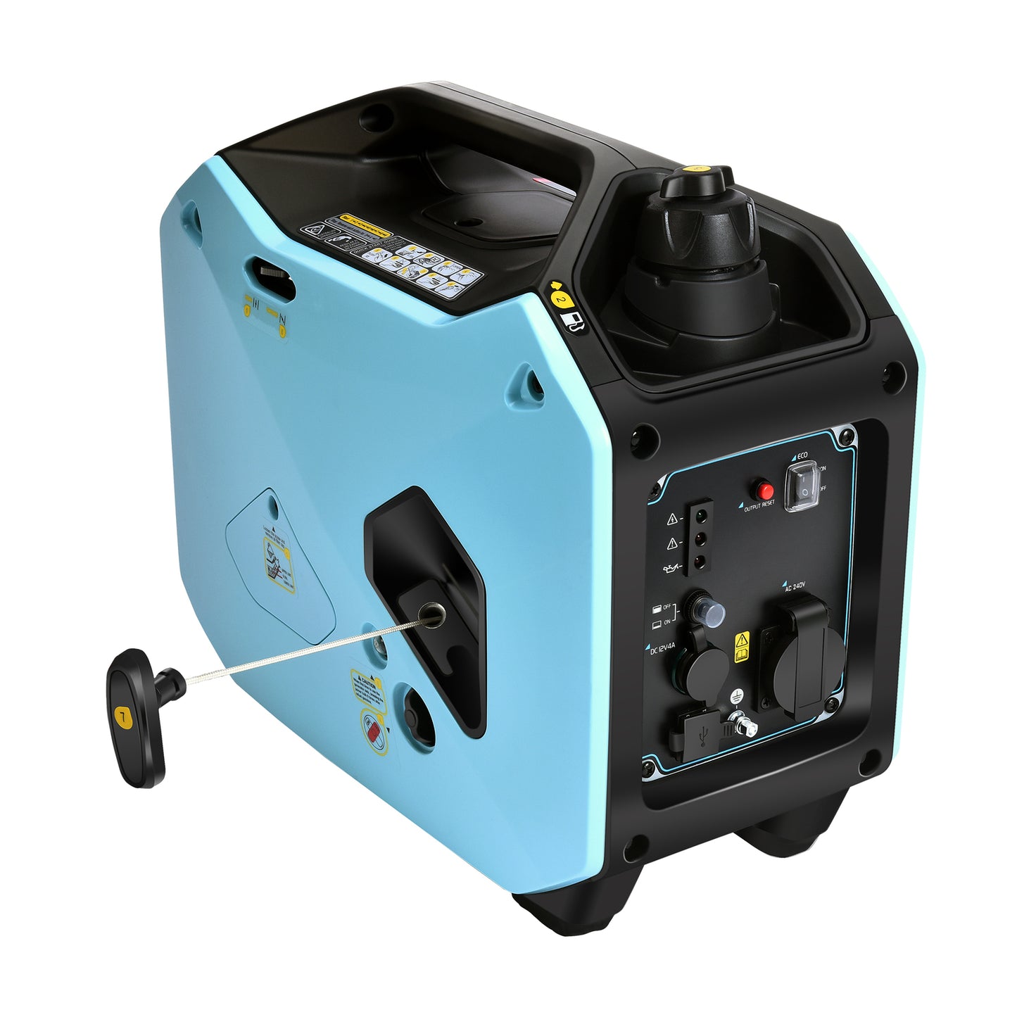 A blue Gentrax 2000w Pure Sine Wave Inverter Generator New 2022 Design with Pure Sine Wave output features a black handle and control panel on the side. The control panel includes various sockets, switches, and indicators. The unit has a compact, modern design suitable for easy transportation and outdoor use.