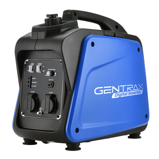 A portable blue and black Gentrax 2000w Pure Sine Wave Inverter Generator, Euro 5 certified, with a carrying handle on top. The front panel shows multiple control switches and outlets, making it perfect for all your outdoor power needs.