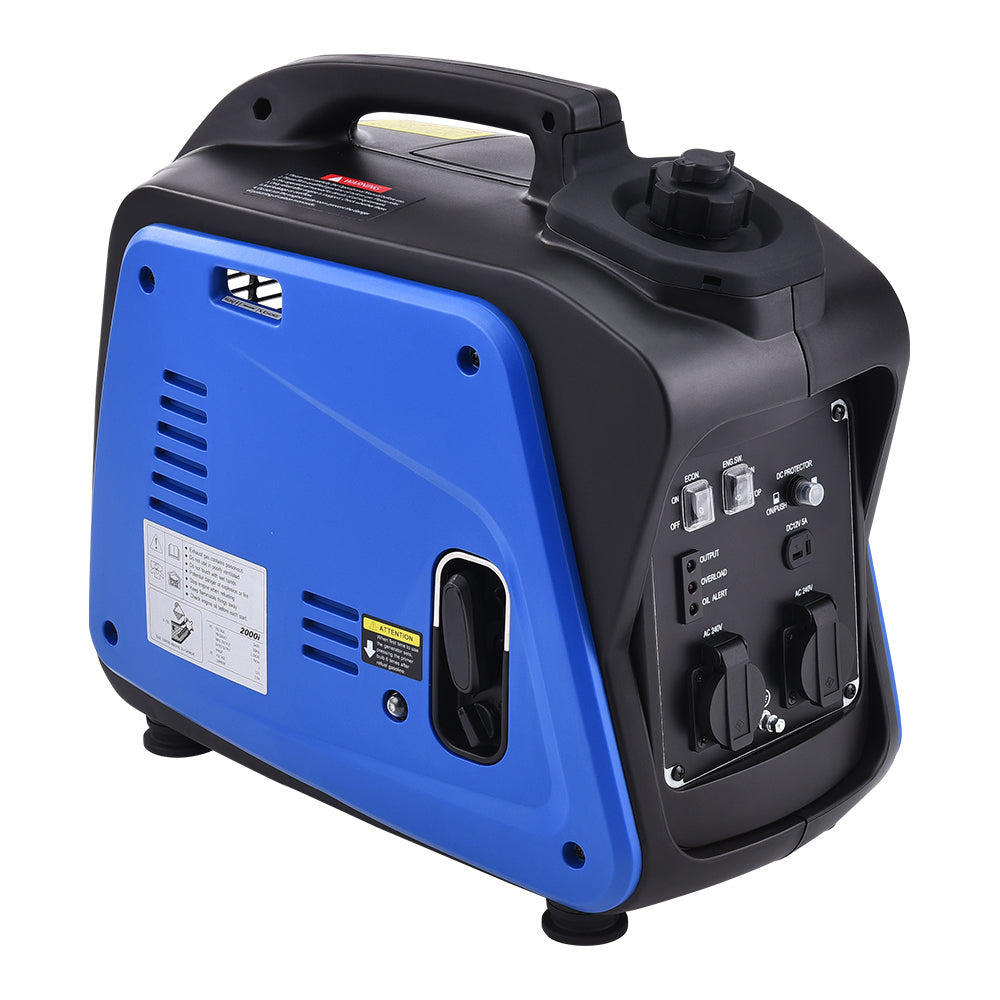 A portable blue and black Gentrax 2000w Pure Sine Wave Inverter Generator, Euro 5 certified, with a carrying handle on top. The front panel shows multiple control switches and outlets, making it perfect for all your outdoor power needs.