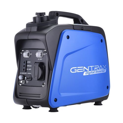 A blue and black Gentrax 800w Pure Sine Wave Inverter Generator with pure sine wave technology, featuring multiple switches and outlets on the front panel. The brand name "GENTRAX" is prominently displayed on the side, and the portable generator includes a handle for easy transportation.