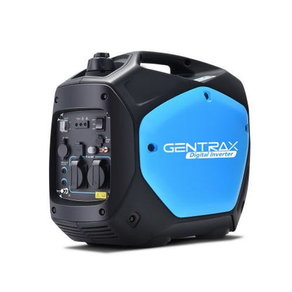 A Gentrax 2200w Pure Sine Wave Inverter Generator with a blue and black body features noise reduction technology. It has various control knobs, outlets, and indicators on the front panel, with a handle on top for easy carrying—perfect for backup power needs.