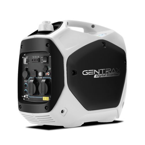 A white and black Gentrax 2200w Pure Sine Wave Inverter Generator with various outlets and control switches visible on the front panel. This portable generator has a sleek, compact design with a handle on top for easy portability and offers a quiet run time for efficient operation.