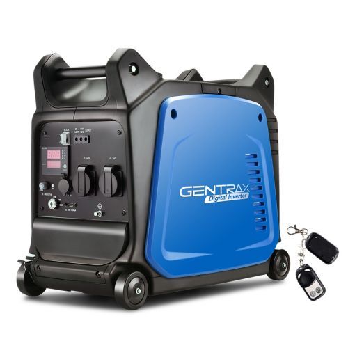 A blue and black Gentrax 3500w Remote Start Pure Sine Wave Inverter Generator is shown with various control knobs, buttons, and an LED display on the side. Two remote controls are placed nearby. This powerful portable power unit features wheels and handles for easy transport and boasts a pure sine wave output for optimal performance.