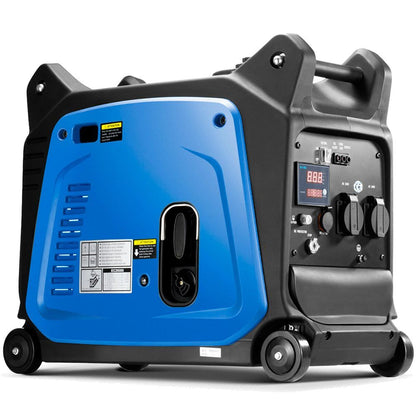 A blue and black Gentrax 3500w Remote Start Pure Sine Wave Inverter Generator is shown with various control knobs, buttons, and an LED display on the side. Two remote controls are placed nearby. This powerful portable power unit features wheels and handles for easy transport and boasts a pure sine wave output for optimal performance.