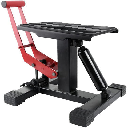 A Motorcycle Jack Dirt Bike Stand Adjustable Lift Hoist Table Height Lifting Stand with a red handle and a hydraulic jack. The platform features an anti-slip pad, and the base has wide, sturdy feet for stability. This durable design ensures reliable performance during maintenance tasks.