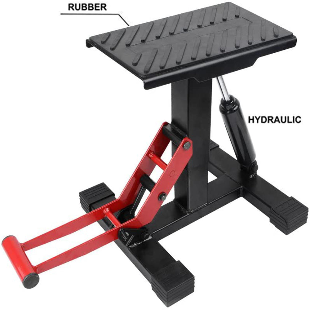 A Motorcycle Jack Dirt Bike Stand Adjustable Lift Hoist Table Height Lifting Stand with a red handle and a hydraulic jack. The platform features an anti-slip pad, and the base has wide, sturdy feet for stability. This durable design ensures reliable performance during maintenance tasks.