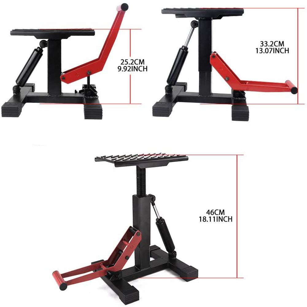 A Motorcycle Jack Dirt Bike Stand Adjustable Lift Hoist Table Height Lifting Stand with a red handle and a hydraulic jack. The platform features an anti-slip pad, and the base has wide, sturdy feet for stability. This durable design ensures reliable performance during maintenance tasks.